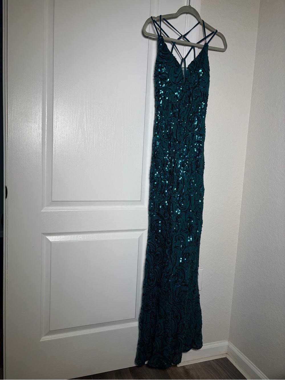 Morgan & Co. Teal Sequined Strappy Prom Dress